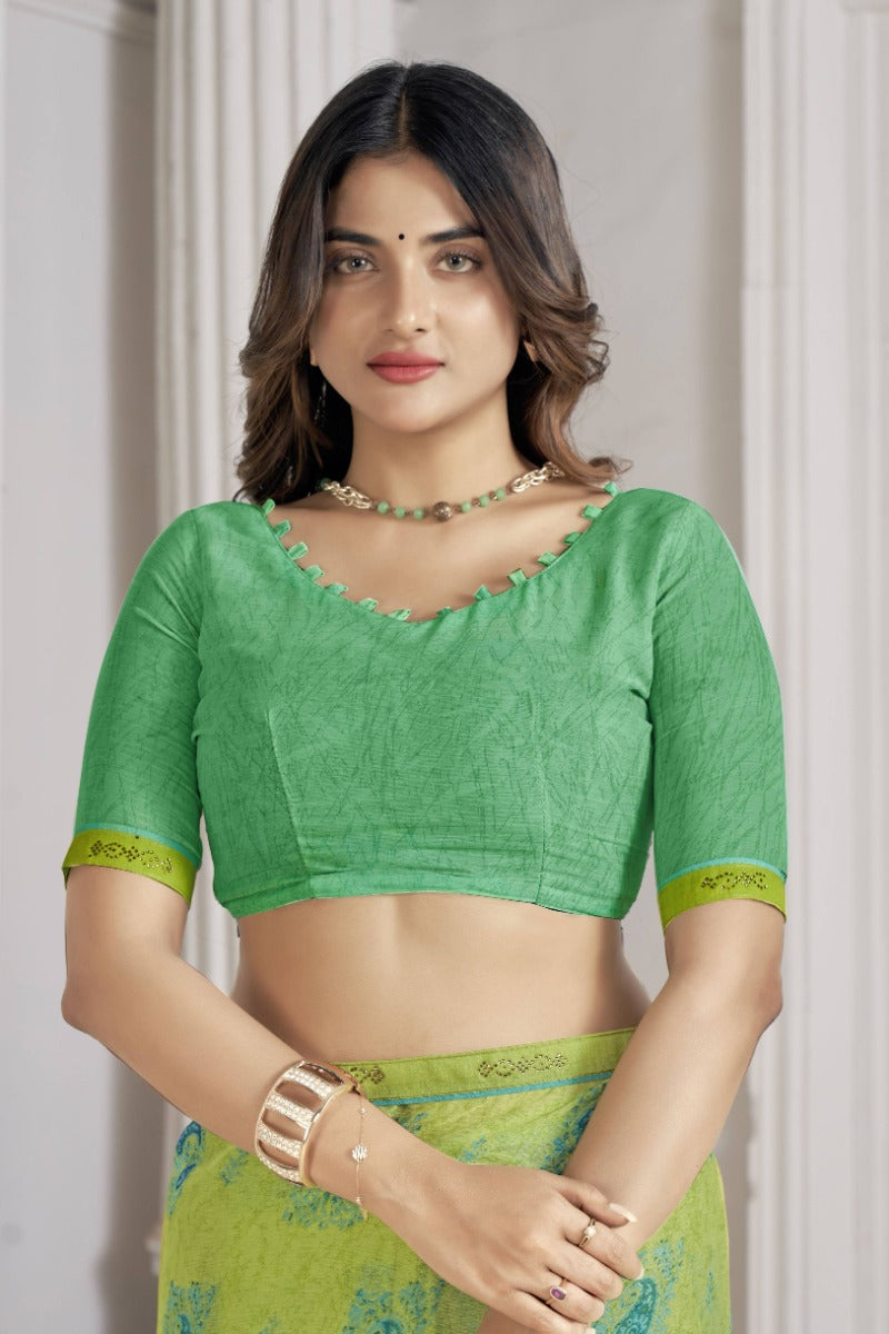 Trendy Self Printed Chiffon saree With All Over Fancy Printed Butta And Attached Siroski Lace (Green)