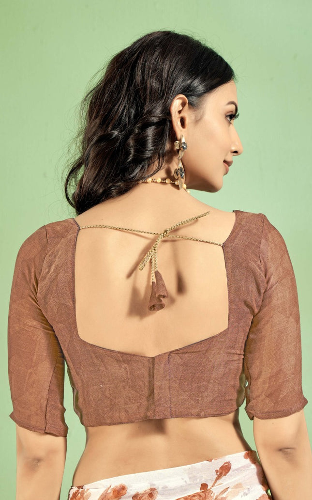 Contrast Flower Printed, Chiffon Saree (White & Brown)