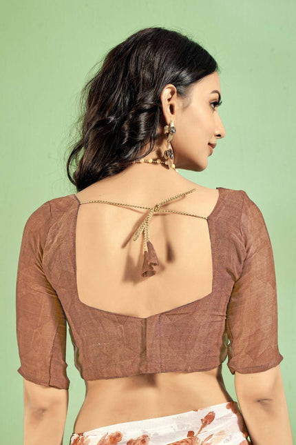 Contrast Flower Printed, Chiffon Saree (White & Brown)