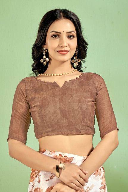 Contrast Flower Printed, Chiffon Saree (White & Brown)