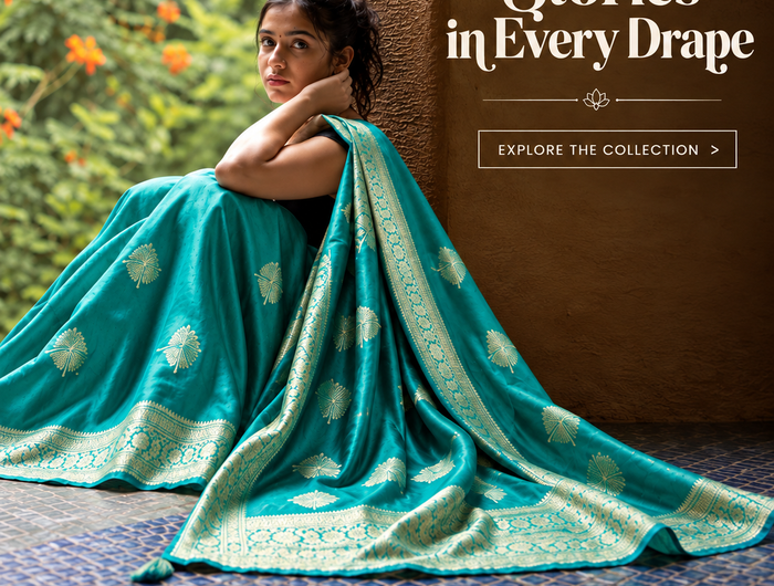 Woman in teal silk saree - Stories in Every Drape, Karwa Chauth saree collection