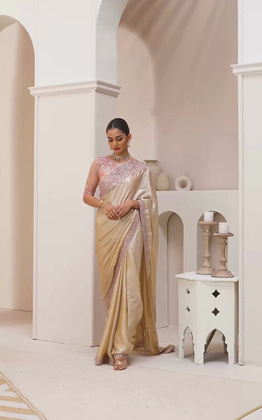 Gold Solid Poly Chiffon Saree with Satin Blouse