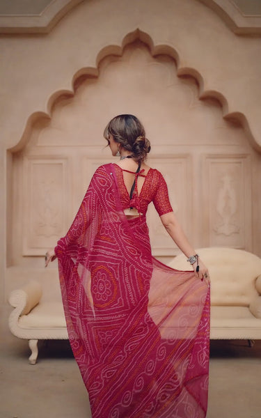 Georgette Bandhani Print Saree Pink Festive Ethnic Wear with Blouse Piece