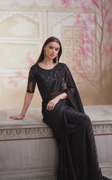 Black Georgette Pattern Saree with Tussar Silk Blouse