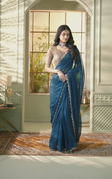 Teal Blue Solid Poly Georgette Saree with Poly Georgette Blouse