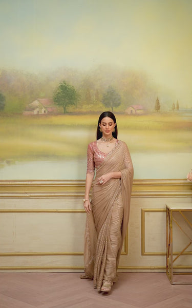 Beige Solid Poly Georgette Saree with Poly Silk Blouse