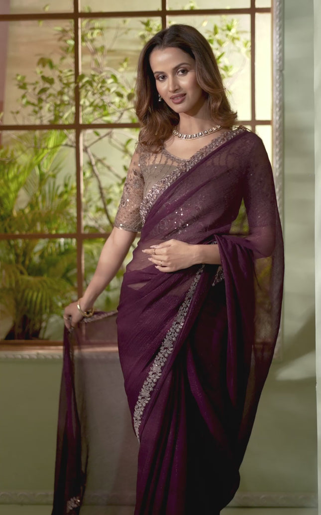 Burgundy Solid Poly Chiffon Saree with Poly Chiffon Blouse