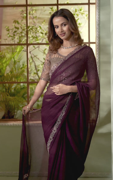 Burgundy Solid Poly Chiffon Saree with Poly Chiffon Blouse