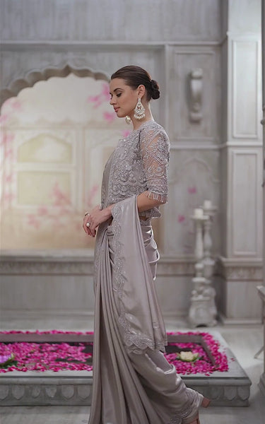 Pearl Grey Shimmer Satin Silk Saree with Jacket Net Blouse