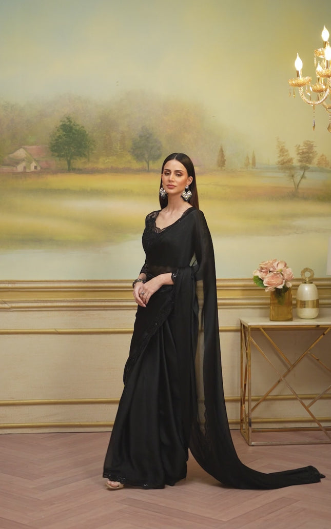 Black Solid Poly Chiffon Saree with Satin Blouse