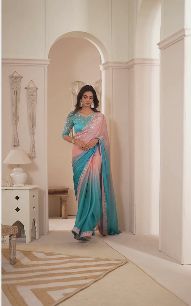 Sea Green Solid Poly Chiffon Saree with Poly Silk Blouse