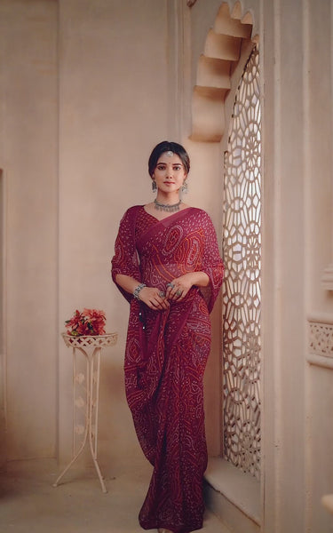 Georgette Graphic Print Saree Maroon Party Wear with Blouse Piece