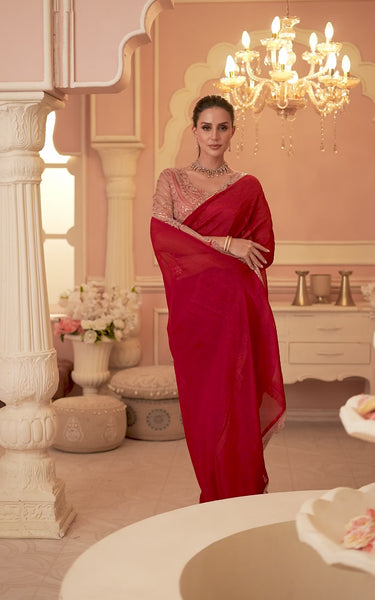 Red Solid Poly Georgette Saree with Poly Georgette Blouse
