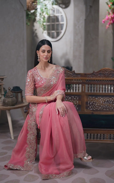 Peach Georgette Saree with Designer Georgette Work Blouse