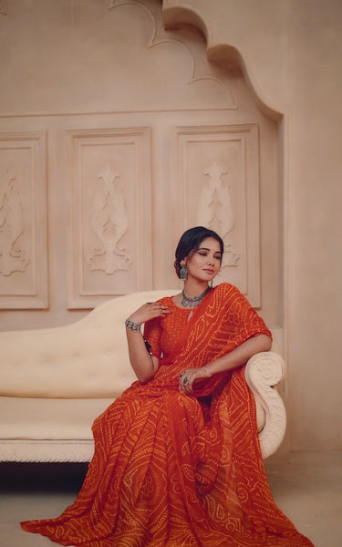 Georgette Bandhani Print Saree Festive Ethnic Wear with Blouse Piece (Orange)