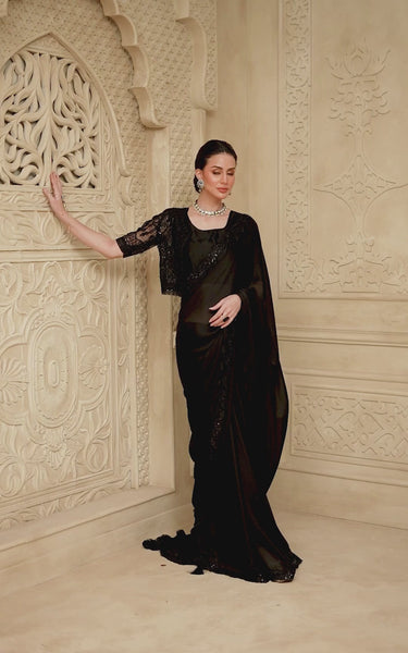 Black Satin Georgette Saree