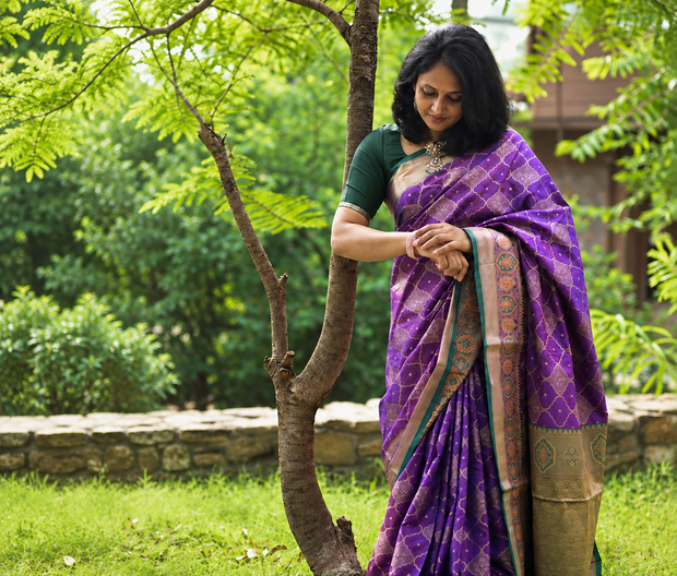 Woman in purple silk saree with gold border - sale up to 60% off