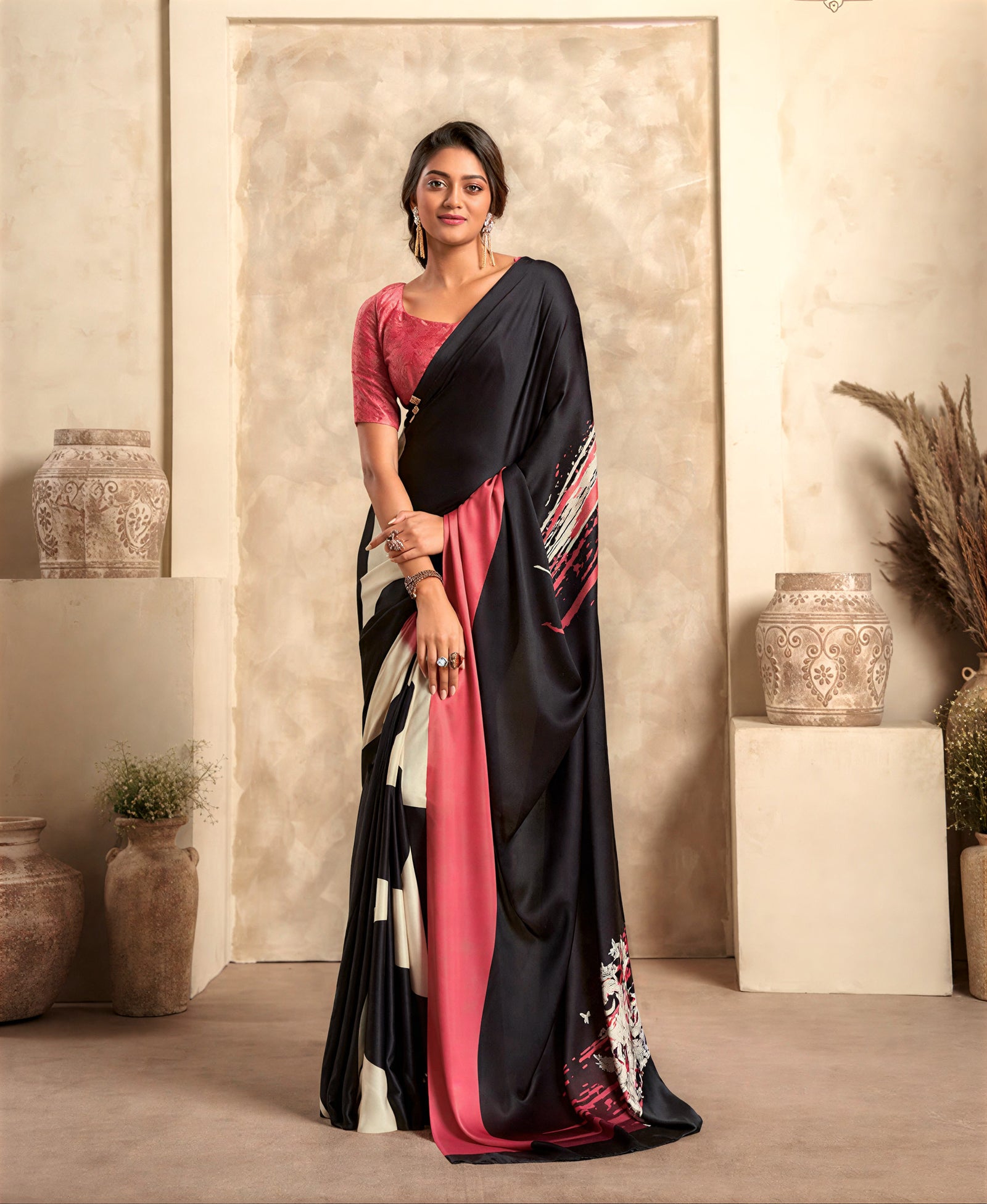 Fancy Print Crape Silk Saree (Black)