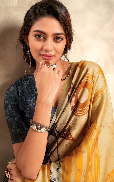 Fancy Print Crape Silk Saree Yellow