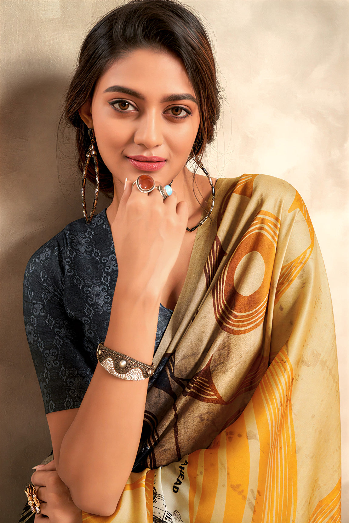 Fancy Print,Crape Silk Saree (Yellow & Blue)