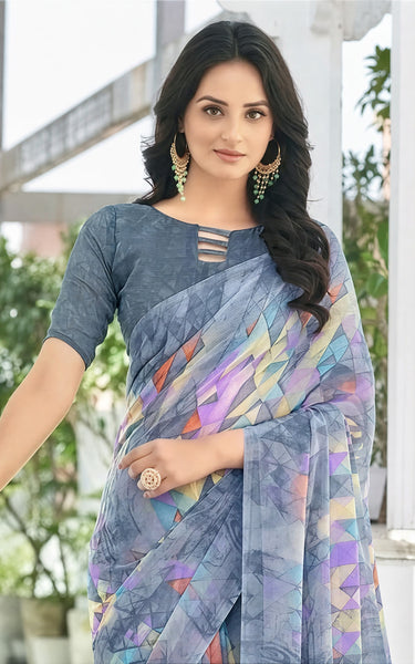 Geometric Print, Graphic Print Bollywood Chiffon, Georgette Saree (Cream)