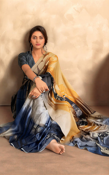 Fancy Print Crape Silk Saree Yellow