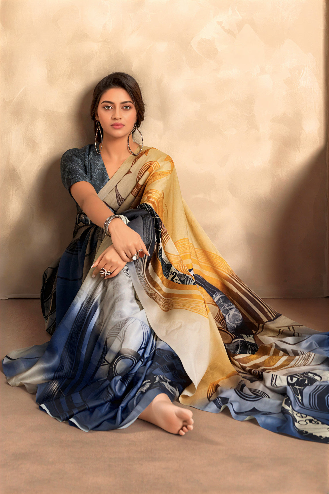Fancy Print,Crape Silk Saree (Yellow & Blue)