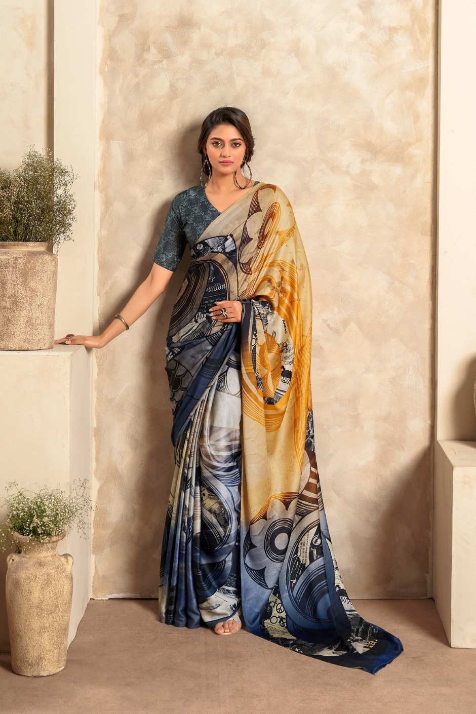 Fancy Print,Crape Silk Saree (Yellow & Blue)