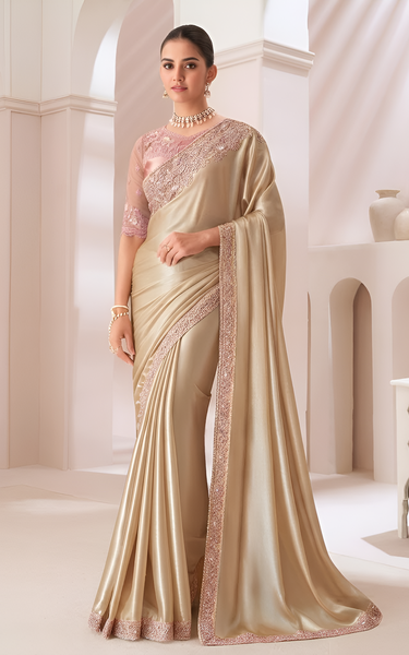 Gold Solid Poly Chiffon Saree with Satin Blouse