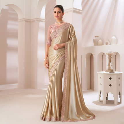 Gold Solid Poly Chiffon Saree with Satin Blouse