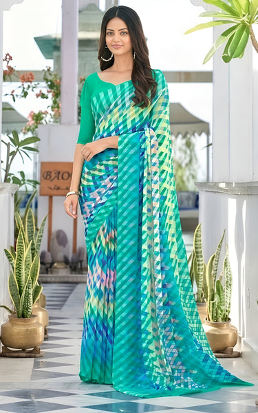 Georgette Geometric Print Saree Sea Green Party & Festive Wear with Blouse Piece