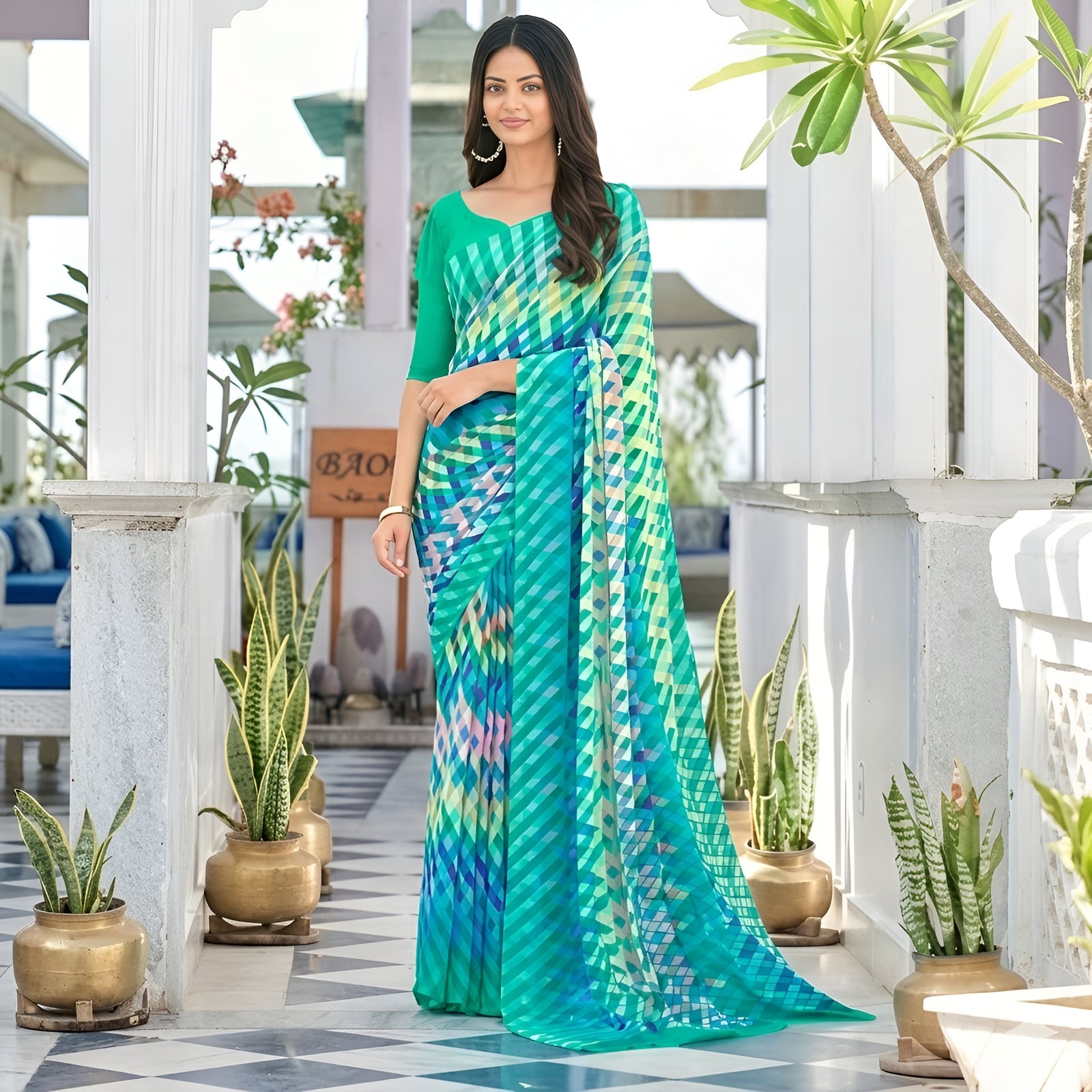 Chiffon Georgette Geometric Print Saree with Blouse Piece (Sea Green)