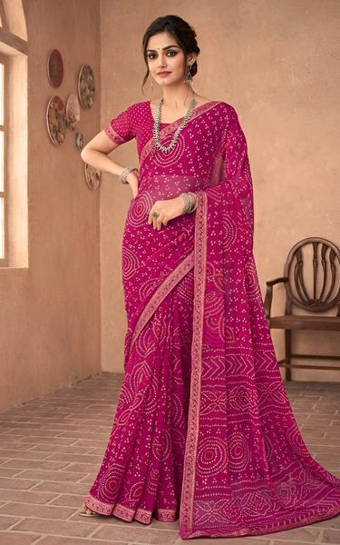 Georgette Bandhani Print Saree Pink Traditional Festive Wear with Blouse Piece