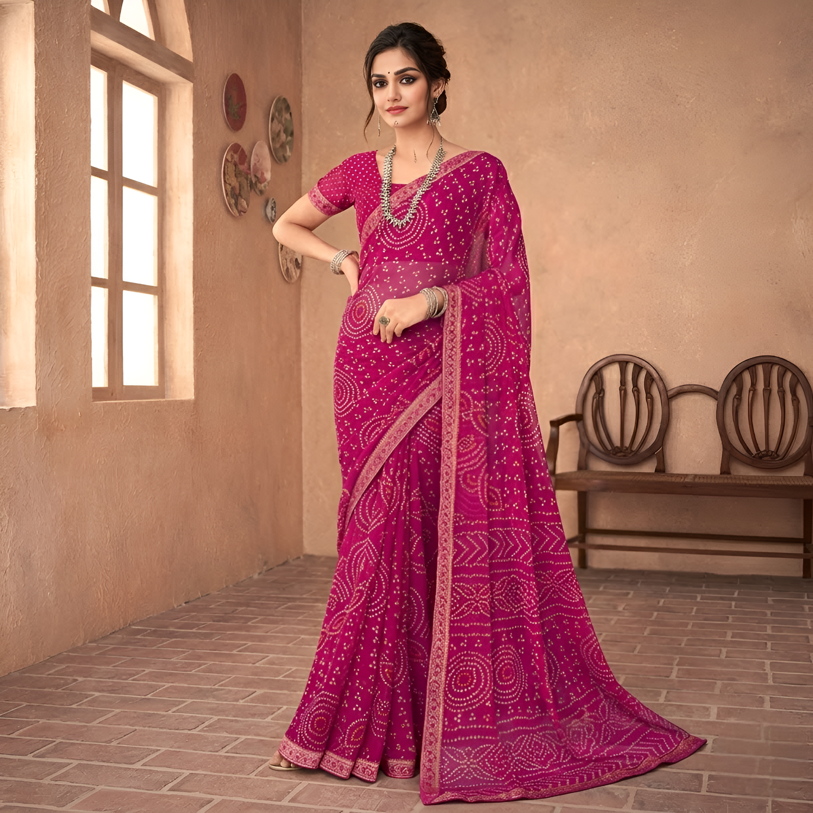 Bandhani Print Chiffon Georgette Saree with Attached Border (Pink)