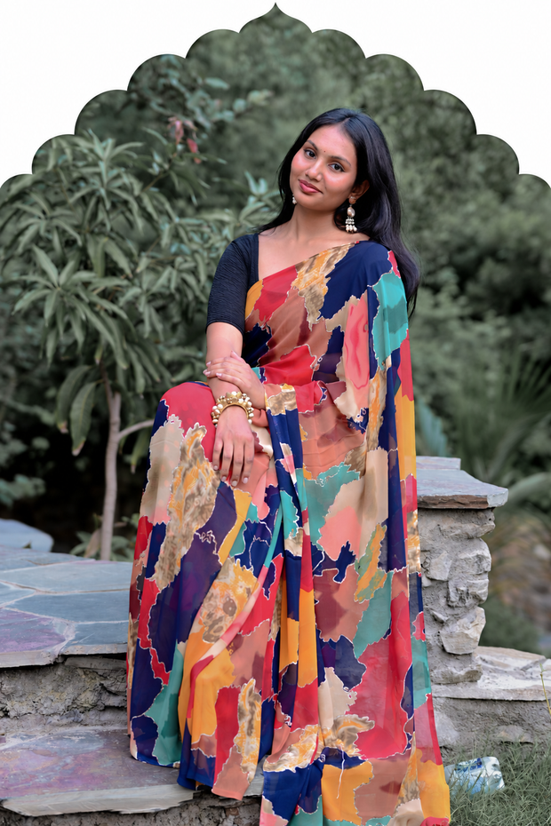 Woman in multicolour printed lightweight saree - Weightless Sarees collection
